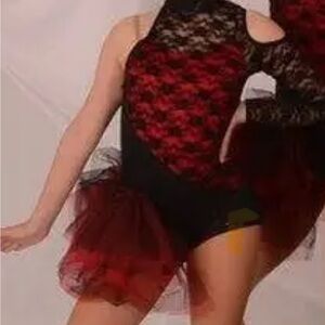 Jazz / Tap Costume Large Child .. black / red / sequins.. lace and tool accents